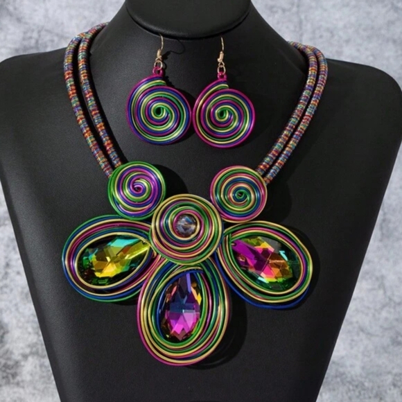 Huge statement necklace earrings rhinestones wire colorful NEW - Picture 4 of 14